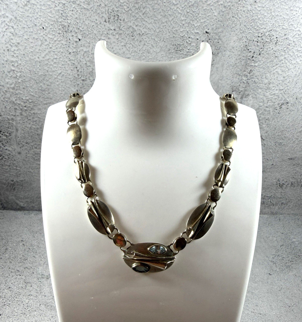 Vintage Sterling Silver and Gold Overlay Statement Necklace with Aqua Stones